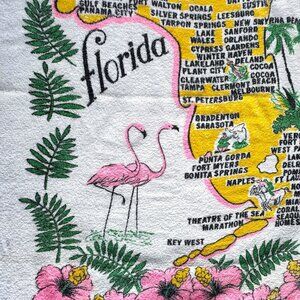 Vintage Muscogee Beach Towel Florida Map Flamingos 70s Souvenir FLA 37 x 61
